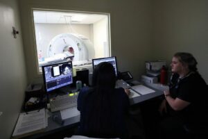 A vet and tech monitor a CT scan.