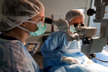 Two female veterinarians look into microscopes.