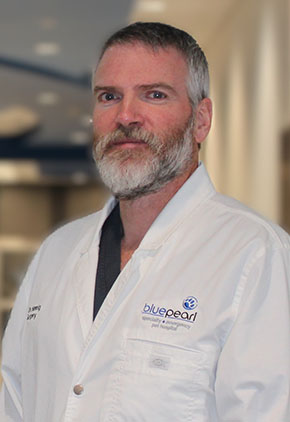 Dr. Geoff Hennig poses for a headshot in the lobby of BluePearl Grand Rapids. He is wearing navy scrubs and his whitecoat.
