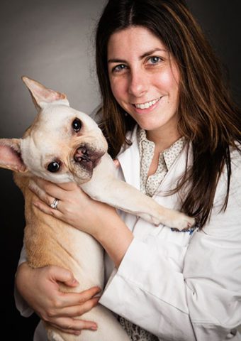 Dr. Brooke Britton is board certified in veterinary oncology. She is holding her French bulldog.