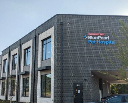 An exterior view of the front façade and sign of the BluePearl Pet Hospital in Nashville.