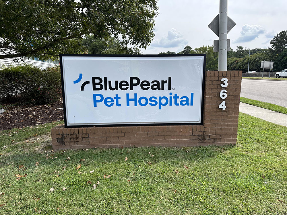 The exterior sign of the BluePearl Pet Hospital in Virginia Beach.