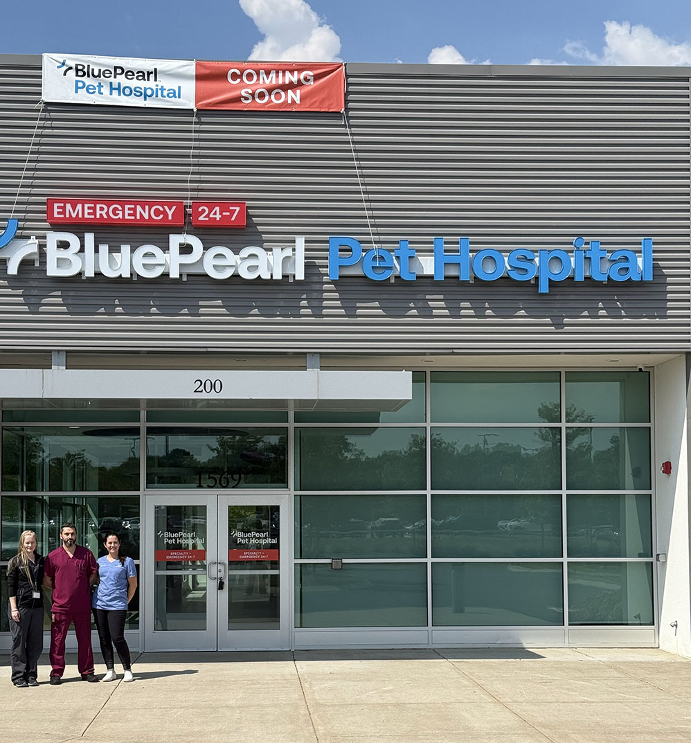 The front door of the hospital with the sign that reads BluePearl Pet Hospital has three Associates in scrubs standing happily in front of the building.