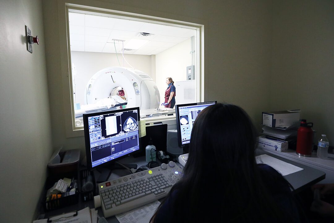A tech looks at CT scans while techs in other room position patient.