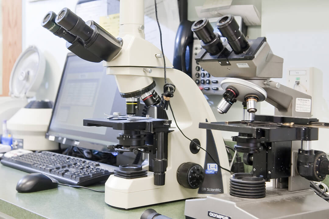 Microscopes sit on a desk next to a computer.