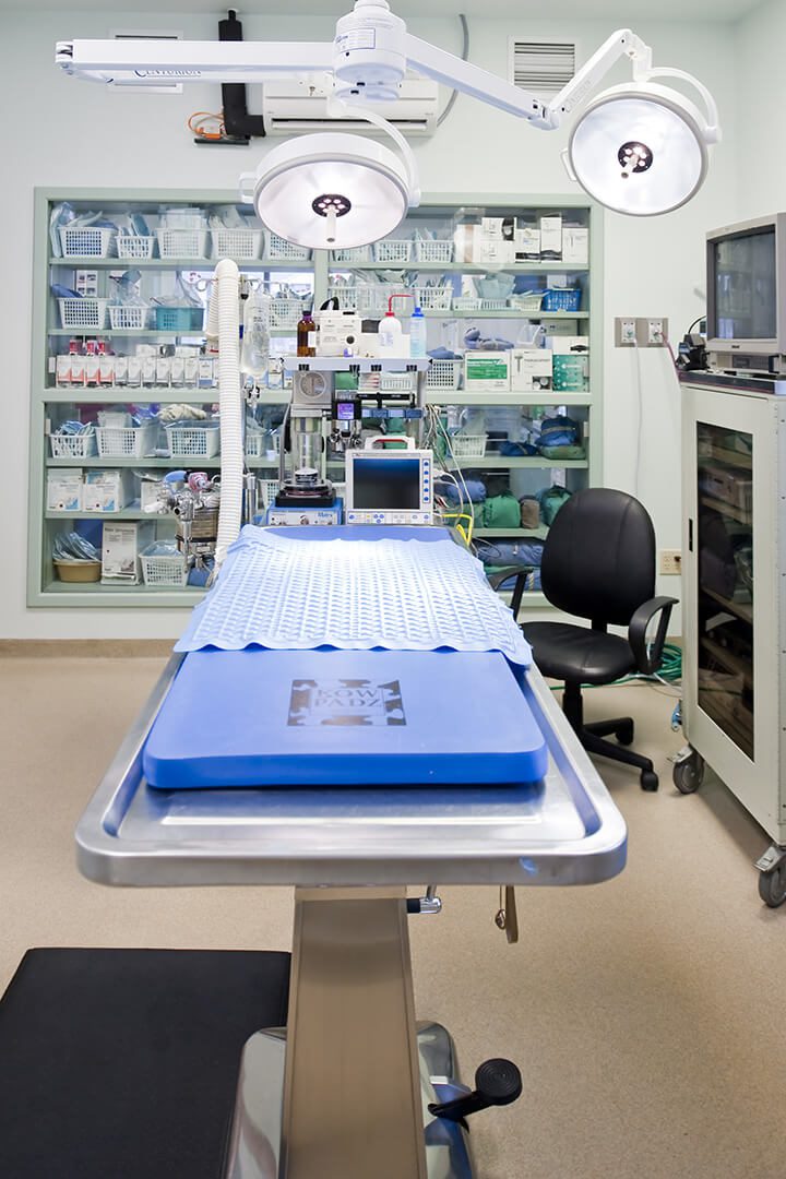 Surgery suite with two lights above a table.