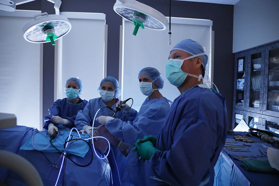A team of veterinarians in blue gowns look at a monitor.