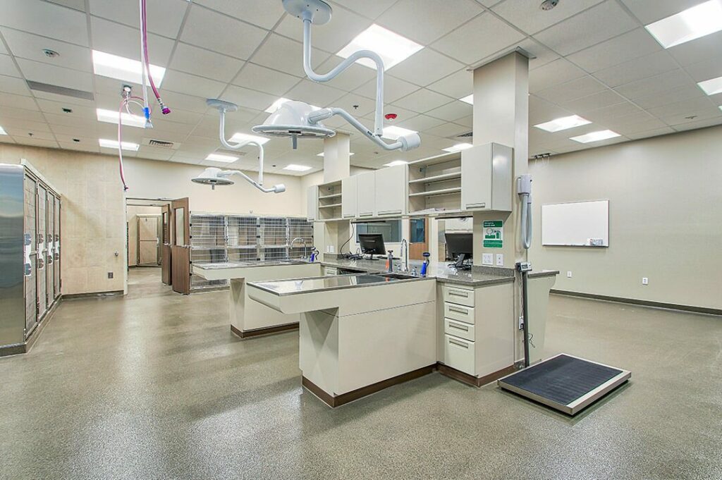 A large main hospital room has numerous tables and overhead cabinetry.