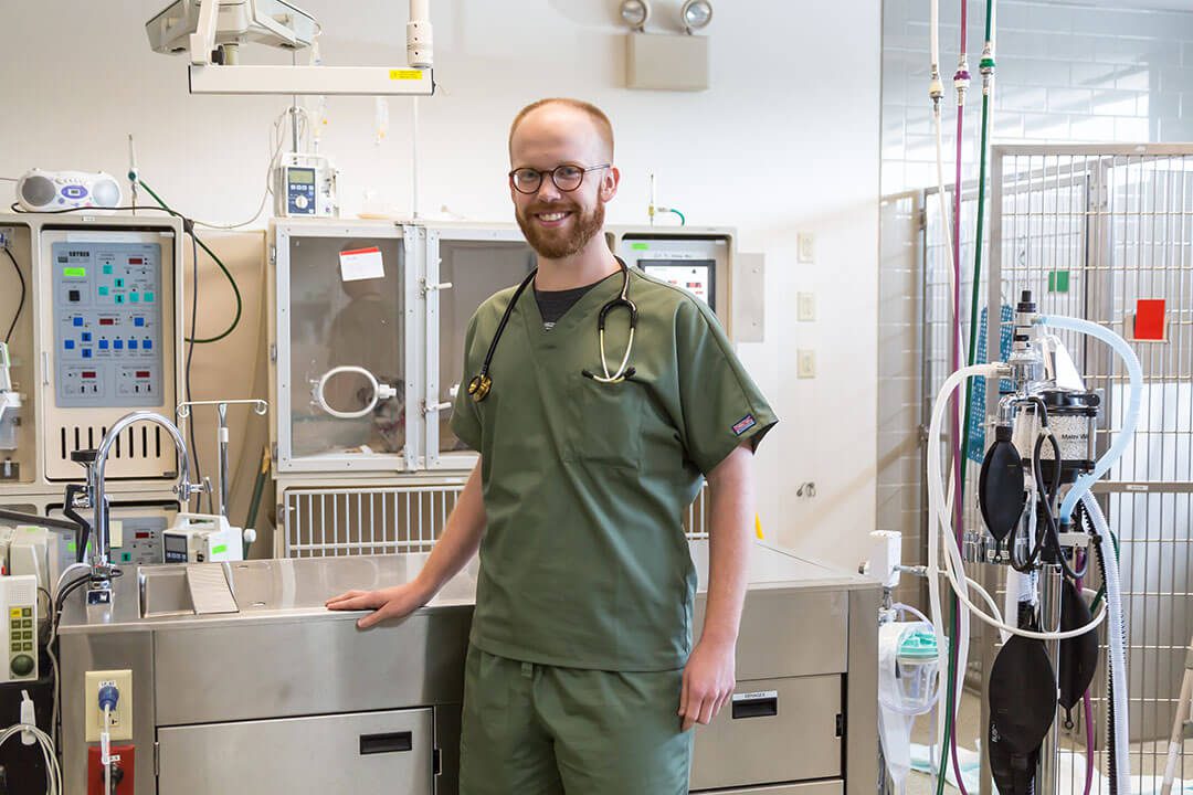 A veterinarian stands in front of a table with equipment