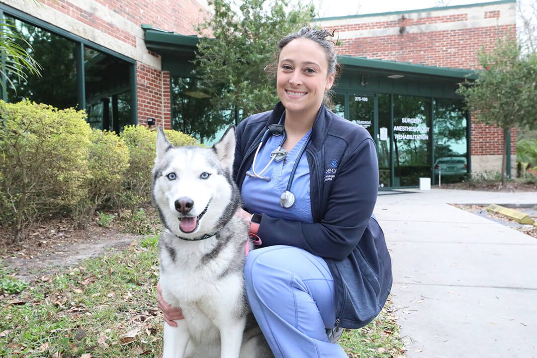 A brunette tech smiles as she holds a dog in front of her.