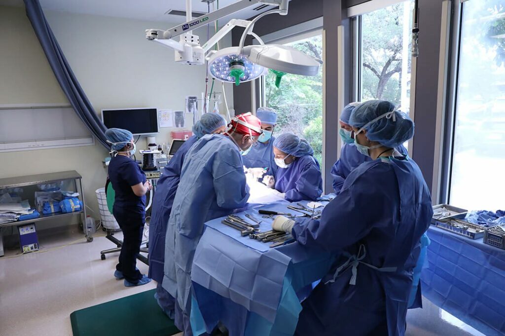 A team of veterinarians in blue gowns operate on a dog.