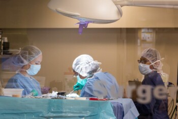 A group of masked surgeons examine a patient behind glass door.