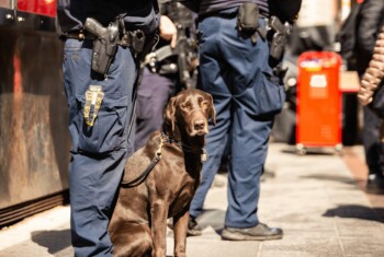 A brown dog sits at the feet of an armed police officer on the street.