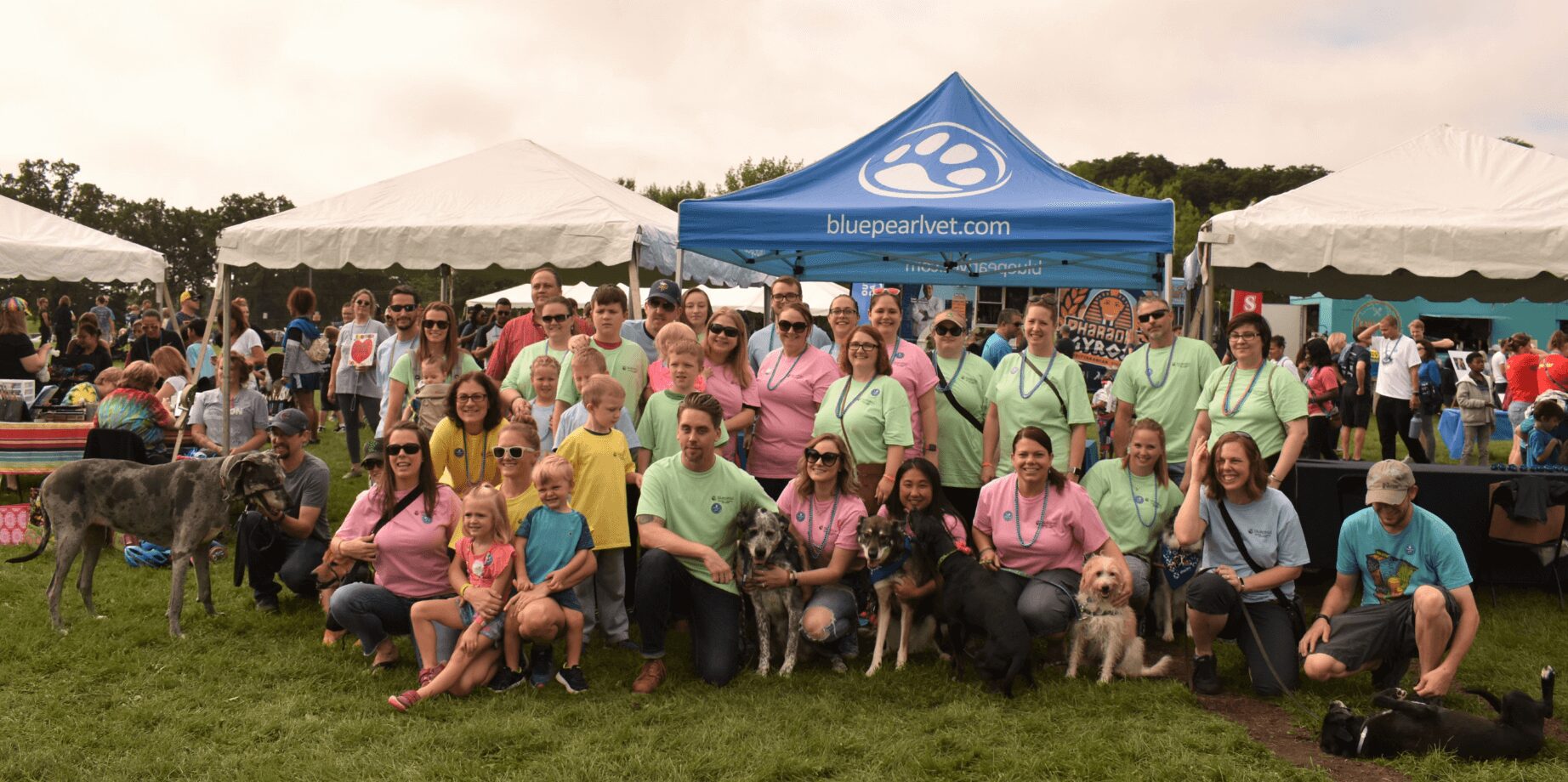Group of employees and dogs smile at fundraising event.