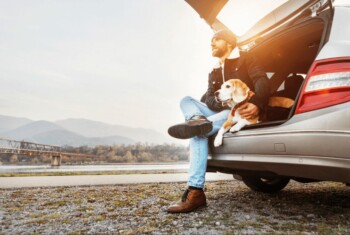 Man sits with his beagle in the trunk of his car. Smiles warmly.