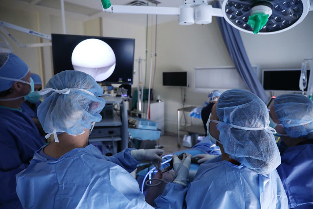 A group of veterinarians in blue gowns perform a surgery that is projected on a monitor.