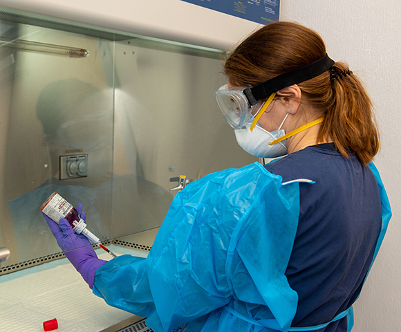 A veterinarian in PPE prepares chemo treatment