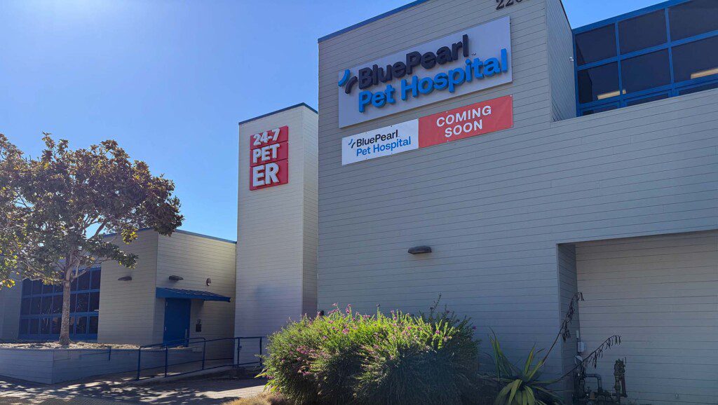 An external shot of the BluePearl Pet Hospital in Monterey, California, from the parking lot.