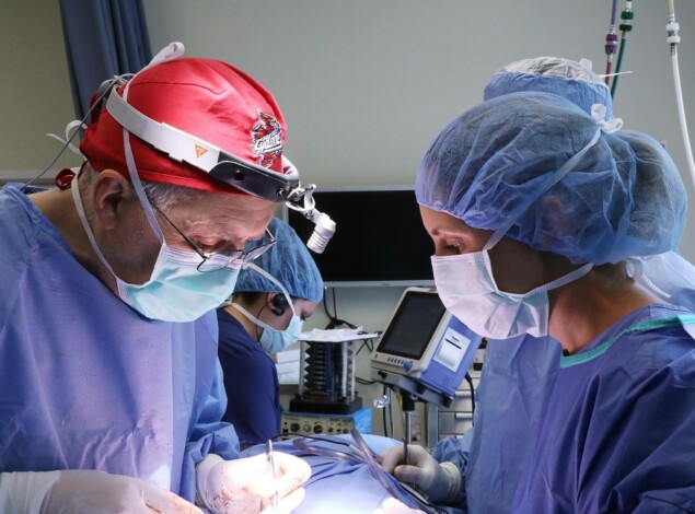 Two surgeons in blue gowns operate on a patient.