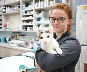 A vet tech holds a white cat in the hospital.