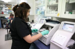 A technician runs diagnostics on a blood sample.