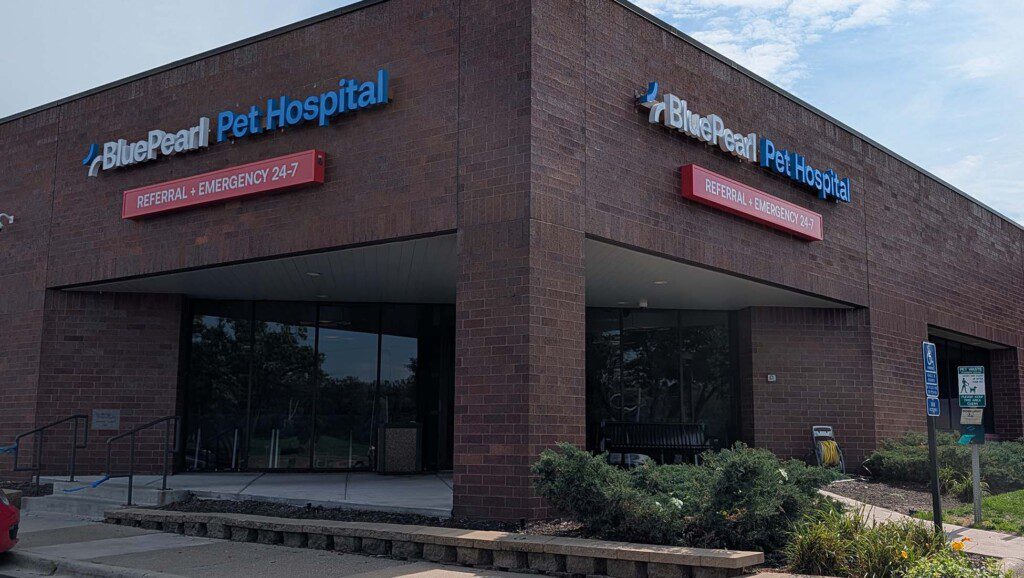 Entrance to pet hospital is at the corner of a brick building with signs on either side.
