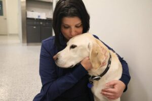 A woman holds a Labrador next to her and kisses the top of his head.