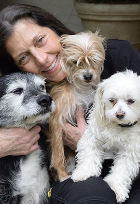 Dr. Susan Nelms smiles outside as she sits and cuddles three small, long-haired dogs, each with unique coloring.
