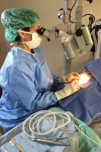 A surgeon in a blue gown looks into a surgical microscope.