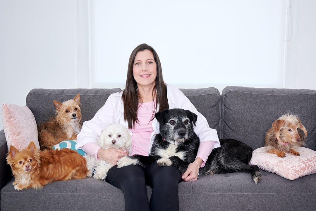 A smiling brunette woman sits on a grey couch surrounded by dogs.