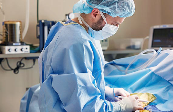 A veterinarian in scrubs performs surgery on a pet in an operating room.