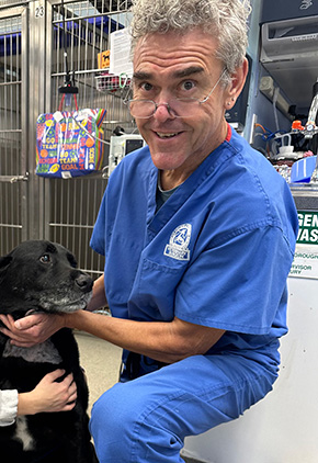 Dr. David Lee is wearing blue scrubs and kneels on the floor of the hospital next to a black lab who he is caressing gently.