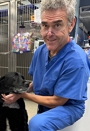 Dr. David Lee is wearing blue scrubs and kneels on the floor of the hospital next to a black lab who he is caressing gently.