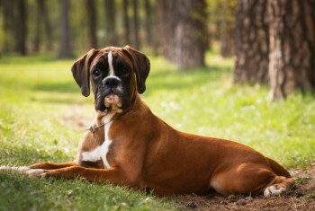 A Boxer dog lays on a grassy path