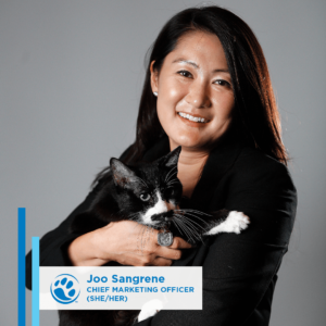 Joo Sangrene Chief Marketing Officer of BluePearl with her cat.