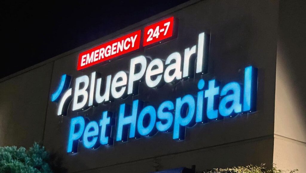 A sign shows the name BluePearl Pet Hospital along with 24/7 emergency medicine.