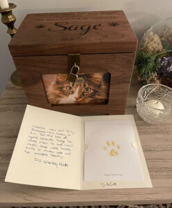 A decorative box with a signed card in front of it.