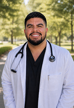 Dr. Wilmer Lopez smiles outside for a professional headshot. He is wearing black scrubs and white whitecoat with a stethoscope around his neck.