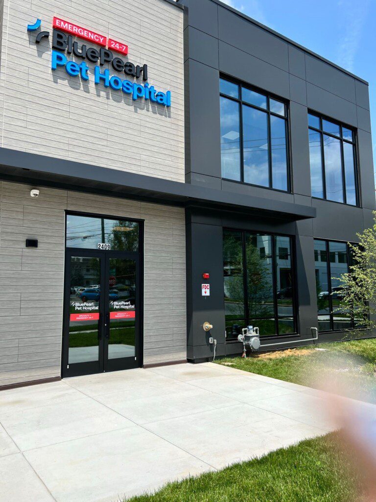 An exterior view of the front façade and sign of the BluePearl Pet Hospital in Nashville.