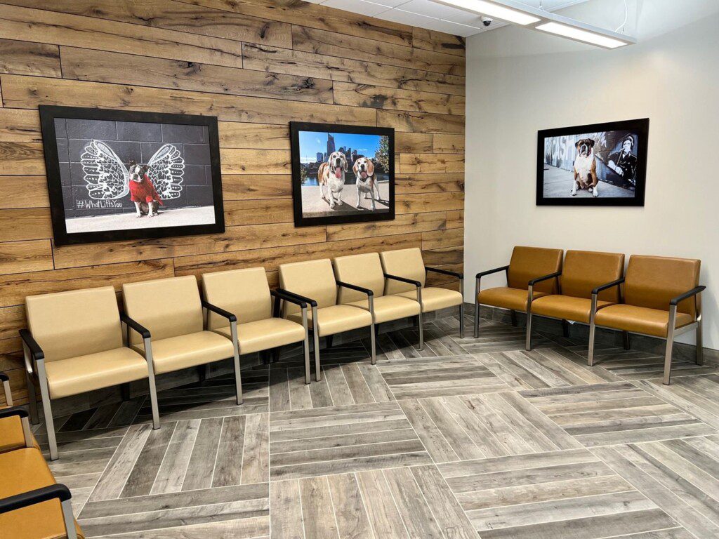 A view of the front waiting room with hardwood floors and ample seating in the BluePearl Pet Hospital in Nashville.