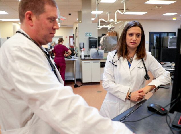 Two veterinarians examine the readout of a diagnostic test in an animal hospital.