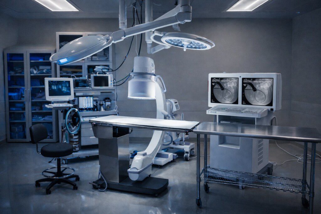A catheterization lab suite is shown with medical equipment, an exam table, and computers.