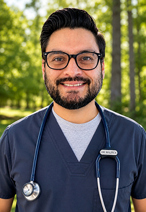 Dr. Juan Sebastian Malpica smiles outside in a wooded area. He is wearing navy scrubs and has a stethoscope around his neck.