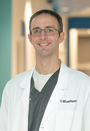 Dr. Brian Goff smiling in the lobby of the Grand Rapids hospital. He has on his BluePearl white coat, grey scrub top and white t-shirt.