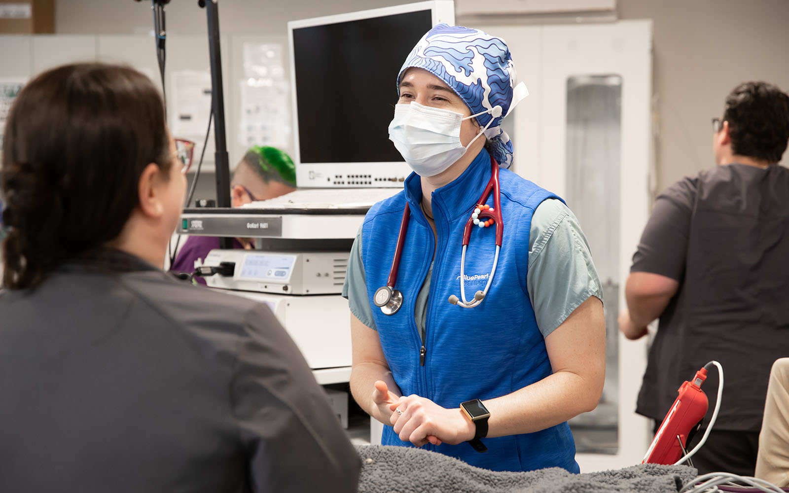 A veterinarian smiles while wearing a surgical mask and scrubs with a stethoscope.