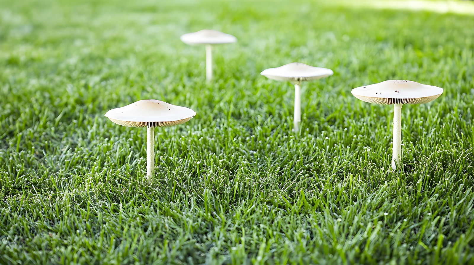 Four white mushrooms growing in the grass. Yard mushrooms are toxic and dangerous for pets.