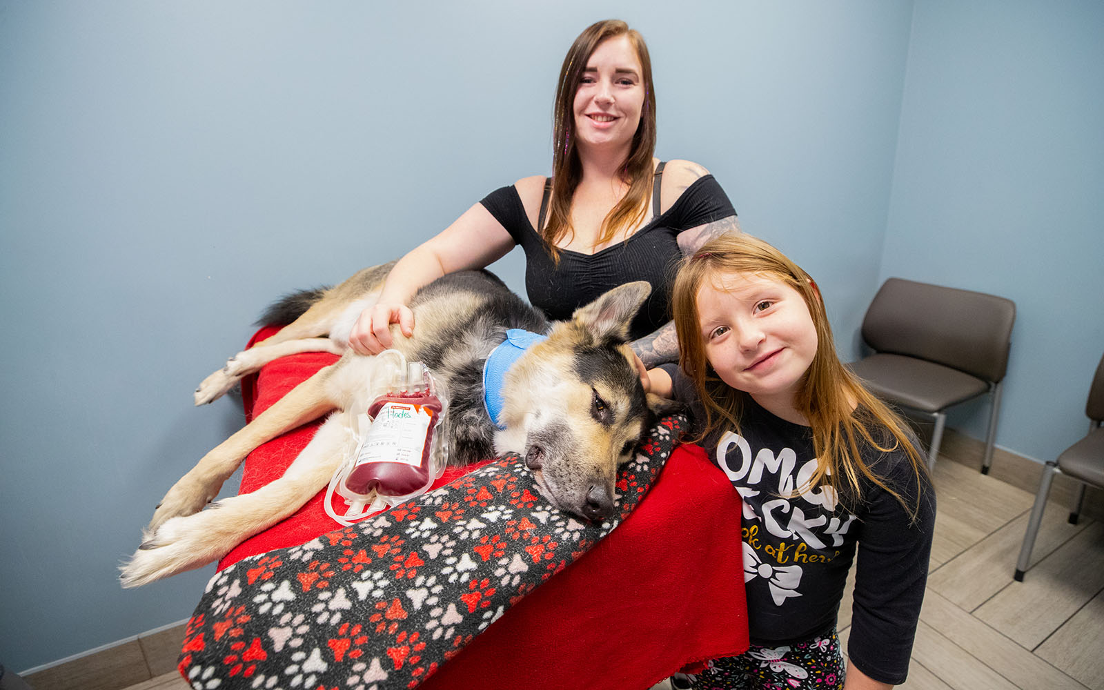 A woman and a girl stand next to their dog, who is laying on a table after donating blood. There is a blood bag full of his donated material laying in front of him.
