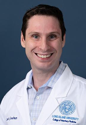 Dr. Louis Goodman smiling for a professional photo in front of a blue backdrop. He has on a light blue dress shirt and his Long Island University whitecoat.