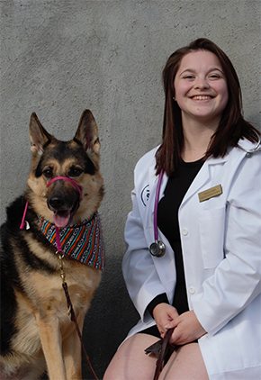 Dr. Corrine Walsh, wearing her white coat and stethoscope, smiles while sitting on her knees next to a German Shepherd wearing a colorful bandana. They are posed in front of a neutral gray wall.