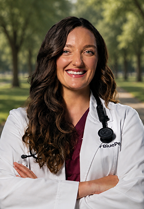 Dr. Courtney Ganey smiles outside for a professional headshot. She is wearing maroon scrubs, her BluePearl whitecoat and has a stethoscope around her neck.
